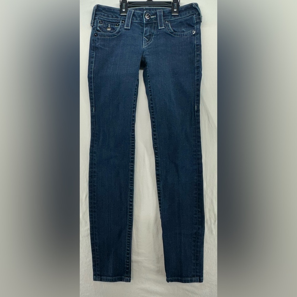 True Religion Skinny Julie Blue Denim Jeans Silver Glitter Pocket Womens Size 25